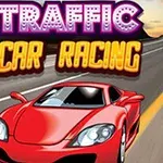 Rød sportsvogn kører på en motorvej med teksten Traffic Car Racing ovenfor