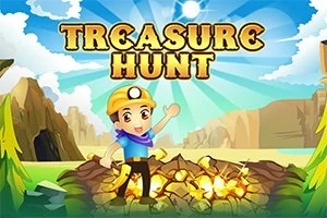 En tegneseriefigur i gul hjelm og blå tøj står foran en stak skinnende skatte i et landskab med bjerge og blå himmel, med teksten Treasure Hunt øverst
