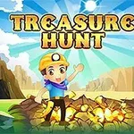 En tegneseriefigur i gul hjelm og blå tøj står foran en stak skinnende skatte i et landskab med bjerge og blå himmel, med teksten Treasure Hunt øverst