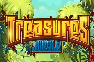 Farverig illustration med teksten Treasures Jungle omgivet af frodig junglevegetation