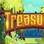 Farverig illustration med teksten Treasures Jungle omgivet af frodig junglevegetation