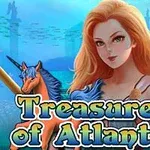 En kvinde med langt rødt hår står ved siden af en enhjørning under vandet med teksten Treasures of Atlantis