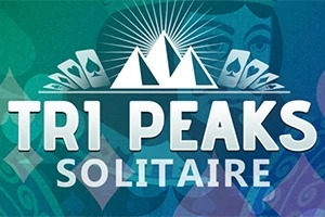 Tri Peaks Solitaire-logo med spillekort og grafiske bjerge i baggrunden