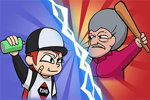 Tegneseriestil illustration med en ung person med cap og spraydåse, der konfronterer en ældre kvinde med et baseballbat, adskilt af en lynende blå streg
