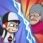 Tegneseriestil illustration med en ung person med cap og spraydåse, der konfronterer en ældre kvinde med et baseballbat, adskilt af en lynende blå streg