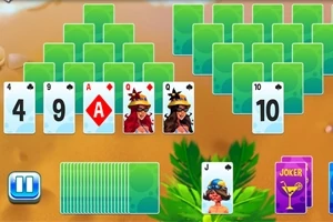Kortspil med flere dæk kort og en joker ved siden af en pauseknap