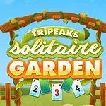 Farverig træskilt med teksten TriPeaks Solitaire Garden omgivet af havelandskab og kort med tal