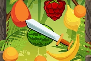 Frugter som bananer, hindbær og meloner flyder omkring en blank sværdklinge i en farverig junglebaggrund