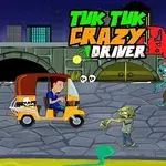 En animeret scene med en tuk-tuk, der bliver jagtet af zombier, en stor hund, og en bro i baggrunden