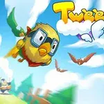 En farverig scene med en tegneserieagtig gul fugl med beskyttelsesbriller, der flyver gennem en skyfuld himmel med andre fugle, omgivet af træer og en blå himmel