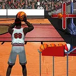 En basketballspiller i hvidt uniform med nummer 88 tager et skud fra en frikastlinje på banen med en boldopbevaringsenhed fyldt med bolde ved siden af