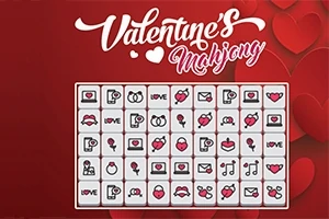Et spilbræt med kærlighedsikoner som hjerter, postkort og roser på en rød baggrund med teksten Valentines Mahjong øverst