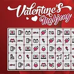 Et spilbræt med kærlighedsikoner som hjerter, postkort og roser på en rød baggrund med teksten Valentines Mahjong øverst