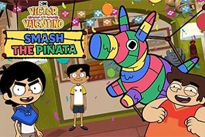 Tegnet scene med tre børn og en farverig piñata, omgivet af festlige dekorationer