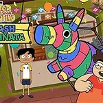 Tegnet scene med tre børn og en farverig piñata, omgivet af festlige dekorationer