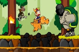 En tegneseriefigur med vikingehjelm rider på en orange dinosaur gennem en skovscene, mens en stor fjende står overfor dem og en tredje figur kaster en sten fra et træ