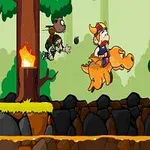 En tegneseriefigur med vikingehjelm rider på en orange dinosaur gennem en skovscene, mens en stor fjende står overfor dem og en tredje figur kaster en sten fra et træ