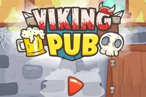 Tegneserie-stil grafik med ordet Viking Pub over en baggrund af en murstensvæg og en dør, med en ølkrus og en kranium-illustration