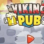 Tegneserie-stil grafik med ordet Viking Pub over en baggrund af en murstensvæg og en dør, med en ølkrus og en kranium-illustration