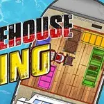 Farverig illustration af et lagerfyldt skib ved havet med teksten Warehouse King i forgrunden