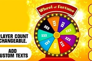 Illustration af et lykkehjul i farver med teksten Wheel of Fortune og muligheder for tilpasning
