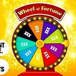 Illustration af et lykkehjul i farver med teksten Wheel of Fortune og muligheder for tilpasning