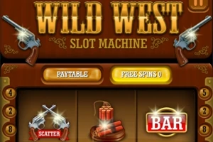 Slotmaskine med et Wild West-tema, dekoreret med revolvere og dynamit