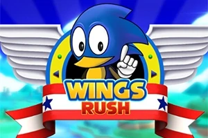 En blå, tegneserieagtig fugl med store, hvide vinger og en farverig banner med teksten Wings Rush
