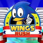 En blå, tegneserieagtig fugl med store, hvide vinger og en farverig banner med teksten Wings Rush