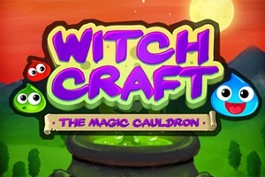 Tekst i lilla og neonfarver Witch Craft: The Magic Cauldron over en grøn gryde med farverige, smilende ansigter omkring