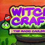 Tekst i lilla og neonfarver Witch Craft: The Magic Cauldron over en grøn gryde med farverige, smilende ansigter omkring