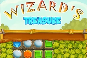 Farverigt skilt med teksten Wizards Treasure over en række farverige juveler og puslespilsbrikker