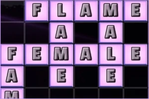 Billede af et ordpuslespil med bogstaverne, der danner ordene FLAME og FEMALE i lilla felter