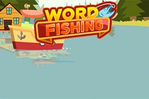En tegneserieillustration af en båd ved en sø med en træhytte og skove i baggrunden, samt teksten Word Fishing øverst