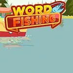 En tegneserieillustration af en båd ved en sø med en træhytte og skove i baggrunden, samt teksten Word Fishing øverst