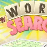 Store bogstaver i beige og lyserød danner ordene WORD SEARCH på en farverig baggrund med et gitter i bunden