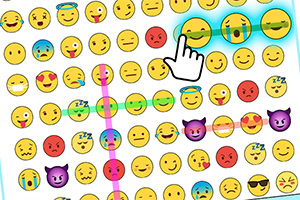 Forskellige emoji-ansigter i et rasternet med en håndmarkør, der peger på en gul smilende emoji