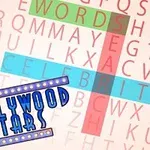 Et krydsord med farvede ord som WORDS og CELEBRITY og teksten HOLLYWOOD STARS i blå bogstaver nederst til venstre