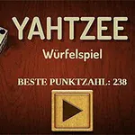 To terninger, ordet YAHTZEE, teksten Würfelspiel og Beste Punktzahl: 238 over en træbaggrund med en play-knap i midten