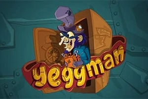 En tegneseriefigur med lilla hat og blå jakke står foran en åben pengeskab, med teksten Yeggman over sig