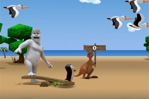 En strandscene med en hvid figur, en pingvin, en kænguru med et skilt og fugle der flyver over himlen