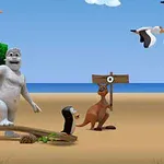 En strandscene med en hvid figur, en pingvin, en kænguru med et skilt og fugle der flyver over himlen