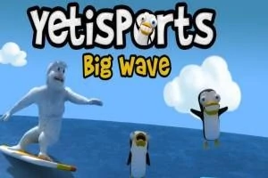 En yeti surfer på en bølge sammen med to pingviner foran en blå himmel og skyer