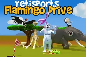 En hvid yeti og forskellige dyr, herunder en flamingo, elefant og giraf, står foran et træ på en åben slette med tekst øverst