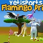 En hvid yeti og forskellige dyr, herunder en flamingo, elefant og giraf, står foran et træ på en åben slette med tekst øverst