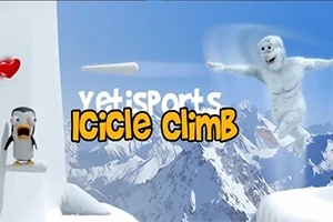 En hvid snemand-lignende figur hopper i sneklædte bjerge ved siden af en pingvin med et rødt hjerte og teksten YetiSports Icicle Climb