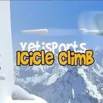 En hvid snemand-lignende figur hopper i sneklædte bjerge ved siden af en pingvin med et rødt hjerte og teksten YetiSports Icicle Climb