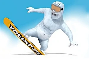 En hvid, pelset skabning med orange skibriller står på et snowboard i sneen