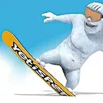 En hvid, pelset skabning med orange skibriller står på et snowboard i sneen
