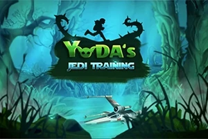 Silhuet af en person, der løber på en gren over en skovsø med et rumskib, og teksten Yodas Jedi Training i forgrunden